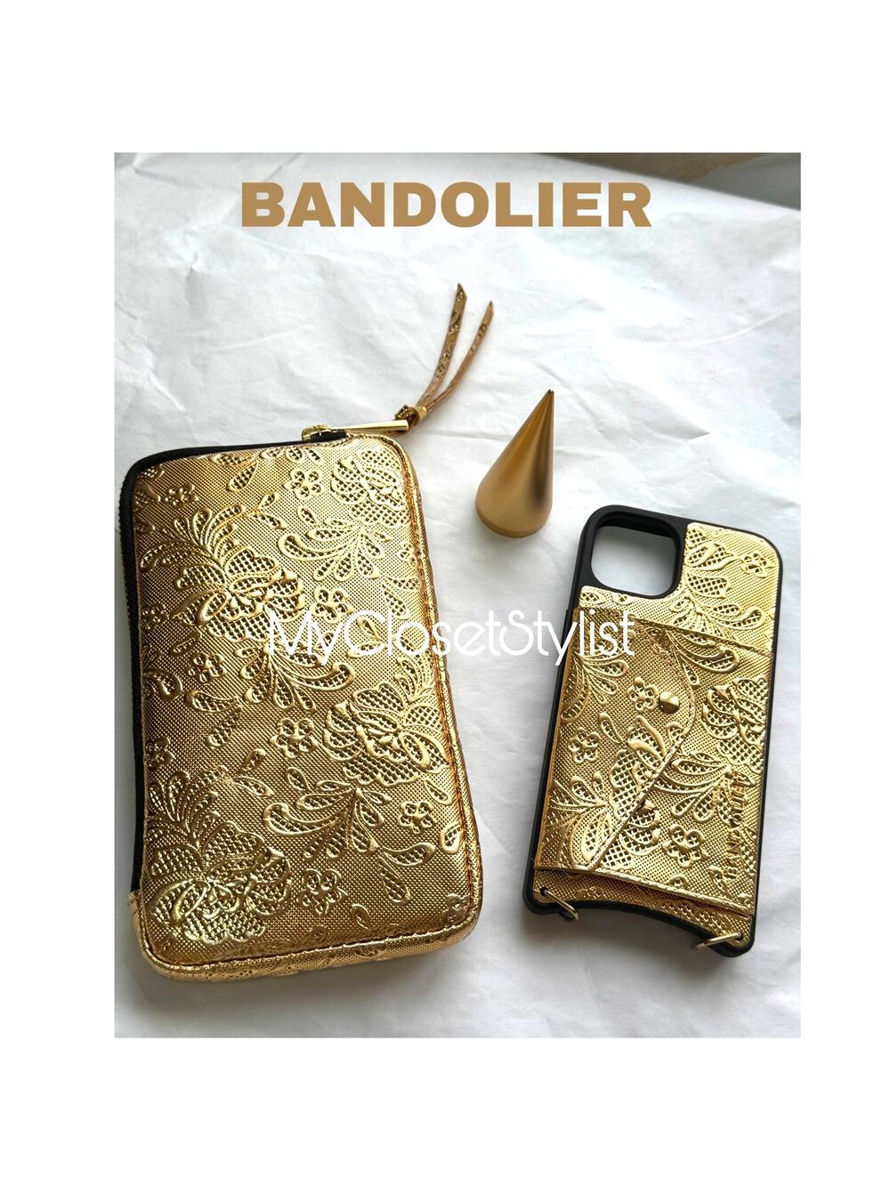 NEW! Gold Embossed Bandolier 2Pc Luxury Case Pouch iphone 13 Set RARE LIMITED Ed